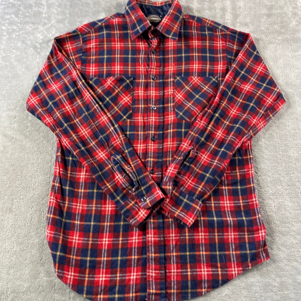 Vintage Towncraft Penneys Flannel Shirt Mens Medium Red Blue Plaid Pockets
